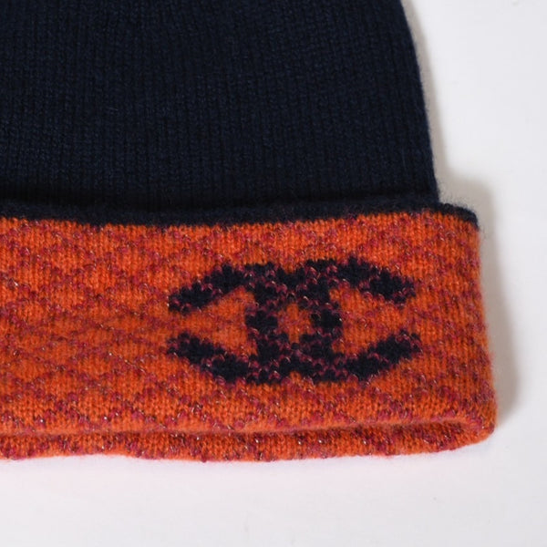 新品未使用 CHANEL シャネル カシミヤ グローブ 手袋 ビーニー ニットキャップ セット ココマーク ネイビー オレンジ 中古 4b013591