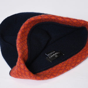 新品未使用 CHANEL シャネル カシミヤ グローブ 手袋 ビーニー ニットキャップ セット ココマーク ネイビー オレンジ 中古 4b013591