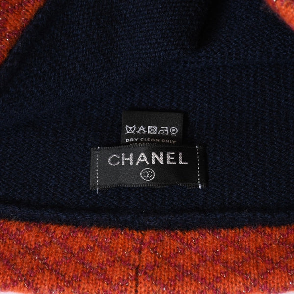 新品未使用 CHANEL シャネル カシミヤ グローブ 手袋 ビーニー ニットキャップ セット ココマーク ネイビー オレンジ 中古 4b013591