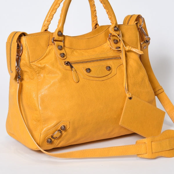 BALENCIAGA バレンシアガ ミニシティ ショルダーバッグ 300295 イエロー レザー シャンパンゴールド金具 美品 中古 4b013536