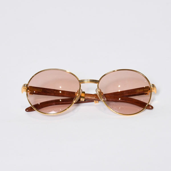 極美品 CARTIER カルティエ オーバル サングラス アイウェア サイズ 55□18 135b トリニティ ウッドテンプル ゴールド 中古 4b013652