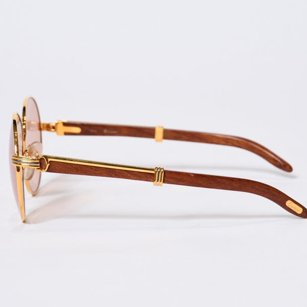 極美品 CARTIER カルティエ オーバル サングラス アイウェア サイズ 55□18 135b トリニティ ウッドテンプル ゴールド 中古 4b013652
