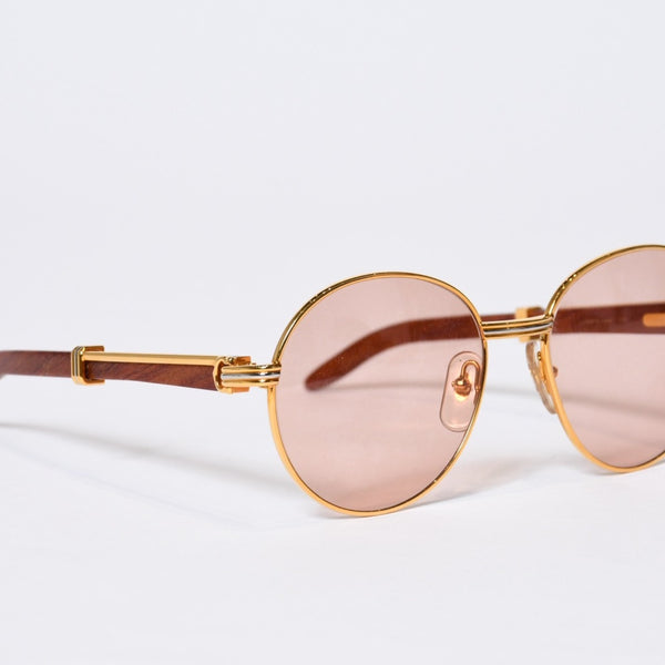 極美品 CARTIER カルティエ オーバル サングラス アイウェア サイズ 55□18 135b トリニティ ウッドテンプル ゴールド 中古 4b013652
