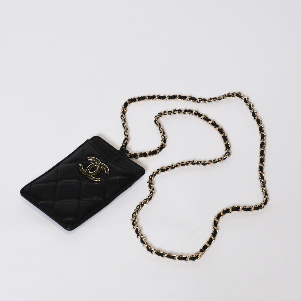 極美品 CHANEL シャネル カードケース 名刺入れ ノベルティ ココマーク 30番台 ラムスキン ブラック ゴールド金具 中古 4b013179