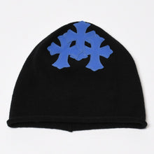 Load image into Gallery viewer, CHROME HEARTS クロムハーツ クロスパッチ フェイスマスク ニットキャップ ビーニー カシミヤ レザー ブルー ブラック 美品 中古 4b013897