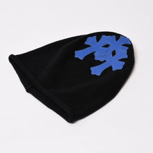 Load image into Gallery viewer, CHROME HEARTS クロムハーツ クロスパッチ フェイスマスク ニットキャップ ビーニー カシミヤ レザー ブルー ブラック 美品 中古 4b013897