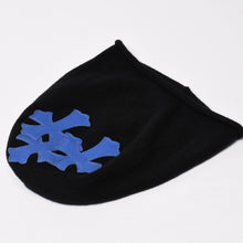 Load image into Gallery viewer, CHROME HEARTS クロムハーツ クロスパッチ フェイスマスク ニットキャップ ビーニー カシミヤ レザー ブルー ブラック 美品 中古 4b013897