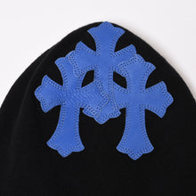 Load image into Gallery viewer, CHROME HEARTS クロムハーツ クロスパッチ フェイスマスク ニットキャップ ビーニー カシミヤ レザー ブルー ブラック 美品 中古 4b013897