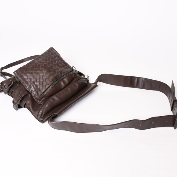 BOTTEGAVENETA ボッテガヴェネタ イントレチャート ウエストバッグ ブラウン レザー アンティークブラウン金具 美品 中古 4b013605
