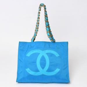 CHANEL Vintage Chanel Logo Chain Tote Bag Coco Mark Turquoise Blue Good Condition Used 4b014005