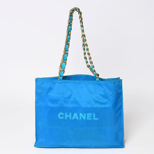 CHANEL Vintage Chanel Logo Chain Tote Bag Coco Mark Turquoise Blue Good Condition Used 4b014005