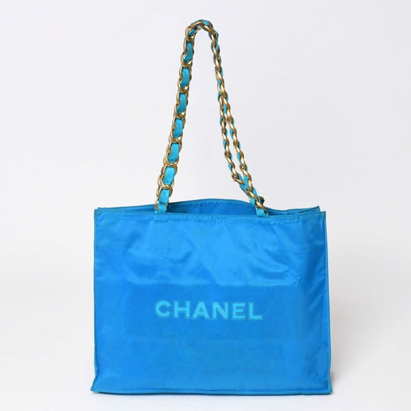 CHANEL Vintage Chanel Logo Chain Tote Bag Coco Mark Turquoise Blue Good Condition Used 4b014005