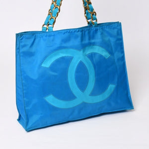 CHANEL Vintage Chanel Logo Chain Tote Bag Coco Mark Turquoise Blue Good Condition Used 4b014005