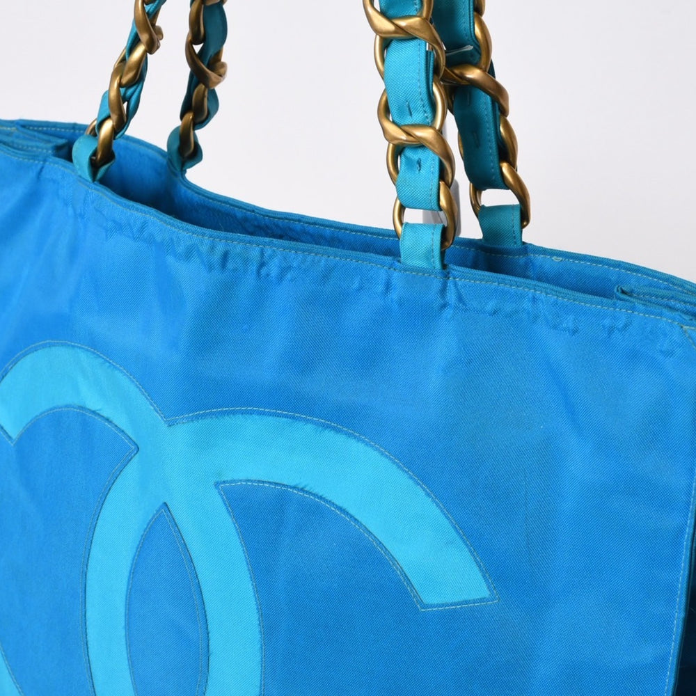 CHANEL Vintage Chanel Logo Chain Tote Bag Coco Mark Turquoise Blue Good Condition Used 4b014005