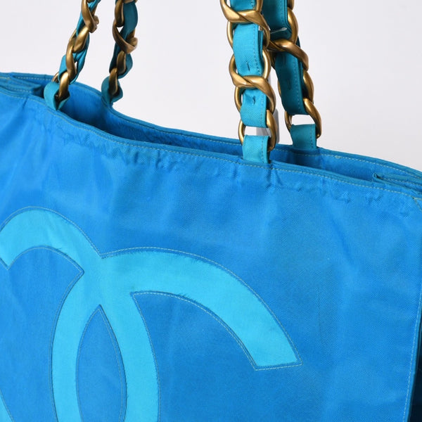CHANEL Vintage Chanel Logo Chain Tote Bag Coco Mark Turquoise Blue Good Condition Used 4b014005