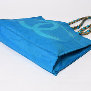 CHANEL Vintage Chanel Logo Chain Tote Bag Coco Mark Turquoise Blue Good Condition Used 4b014005