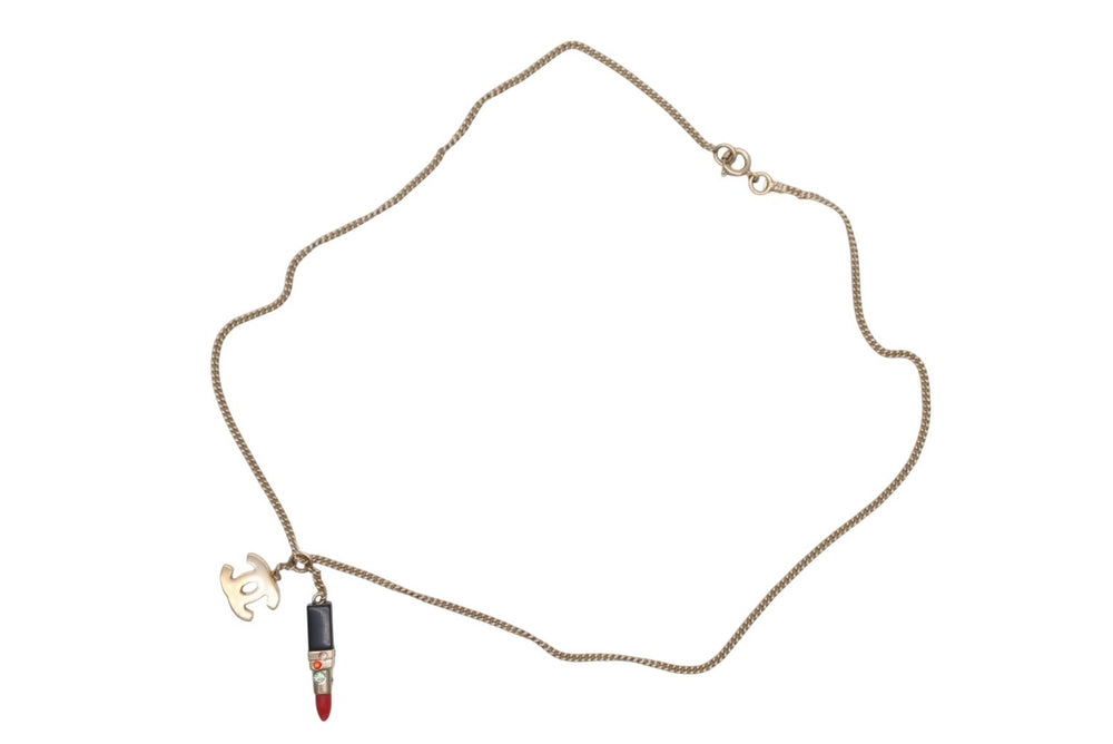 極美品 CHANEL シャネル リップ ネックレス アクセサリー 04A刻印 7g メタル ラインストーン ブラック レッド ゴールド金具 中古 4c073928
