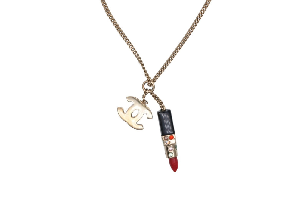 極美品 CHANEL シャネル リップ ネックレス アクセサリー 04A刻印 7g メタル ラインストーン ブラック レッド ゴールド金具 中古 4c073928