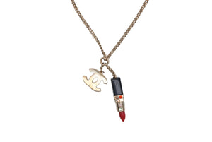 極美品 CHANEL シャネル リップ ネックレス アクセサリー 04A刻印 7g メタル ラインストーン ブラック レッド ゴールド金具 中古 4c073928