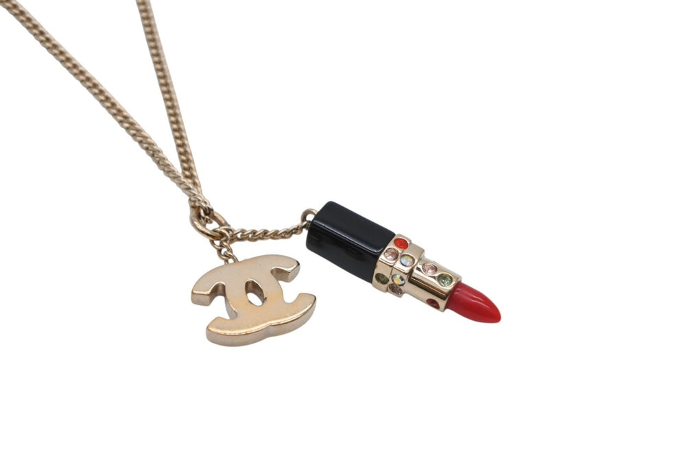 Very Good Condition CHANEL Lip Necklace Accessory 04A Engraved 7g Metal Rhinestone Black Red Gold Hardware Used 4c073928