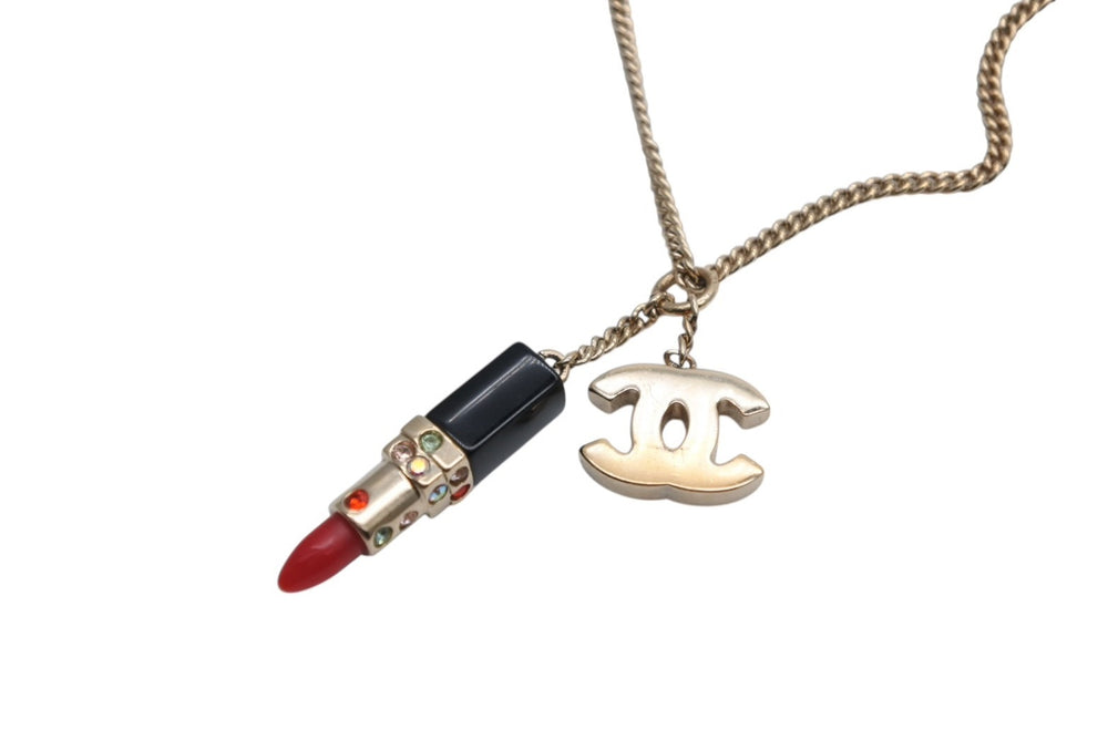 Very Good Condition CHANEL Lip Necklace Accessory 04A Engraved 7g Metal Rhinestone Black Red Gold Hardware Used 4c073928