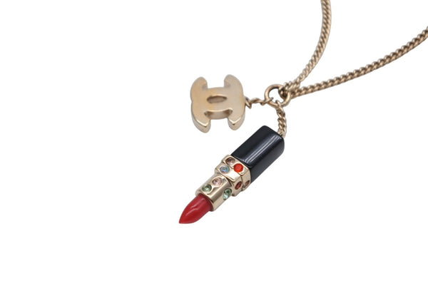 極美品 CHANEL シャネル リップ ネックレス アクセサリー 04A刻印 7g メタル ラインストーン ブラック レッド ゴールド金具 中古 4c073928