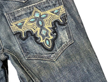 画像をギャラリービューアに読み込む, 極美品 ANTIK DENIM アンティックデニム ターコイズ装飾 刺繍 フレアデニム USA製 コットン ブルー サイズ28 中古 4b006217