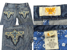 画像をギャラリービューアに読み込む, 極美品 ANTIK DENIM アンティックデニム ターコイズ装飾 刺繍 フレアデニム USA製 コットン ブルー サイズ28 中古 4b006217