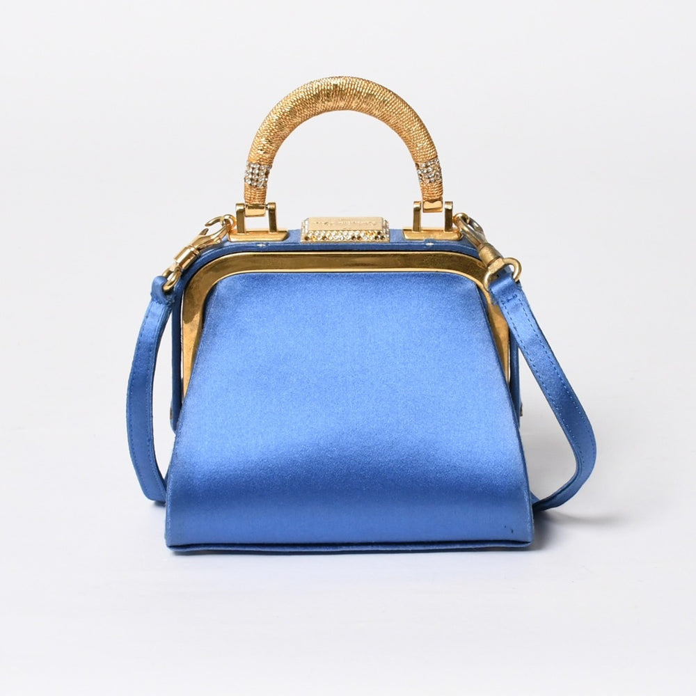 Christian Dior ディオール ヴィンテージ ミニがま口バッグ サテン カバン ブルー ゴールド 美品 中古 4a008555