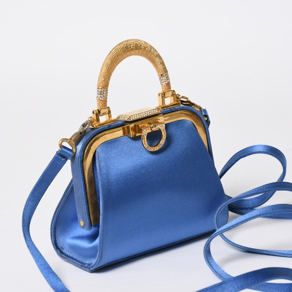 Christian Dior ディオール ヴィンテージ ミニがま口バッグ サテン カバン ブルー ゴールド 美品 中古 4a008555