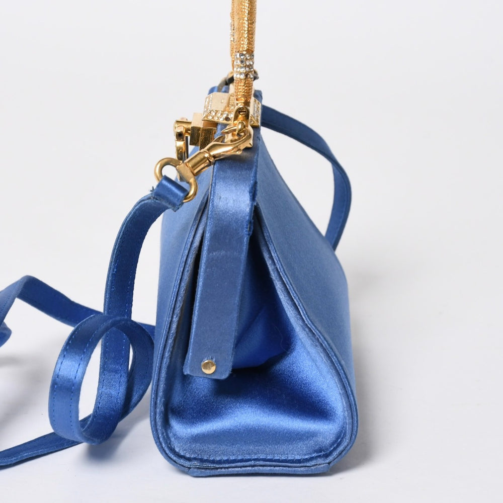 Christian Dior ディオール ヴィンテージ ミニがま口バッグ サテン カバン ブルー ゴールド 美品 中古 4a008555