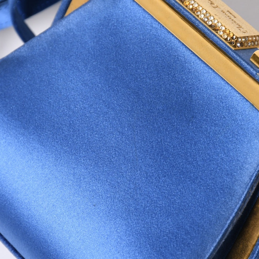 Christian Dior ディオール ヴィンテージ ミニがま口バッグ サテン カバン ブルー ゴールド 美品 中古 4a008555