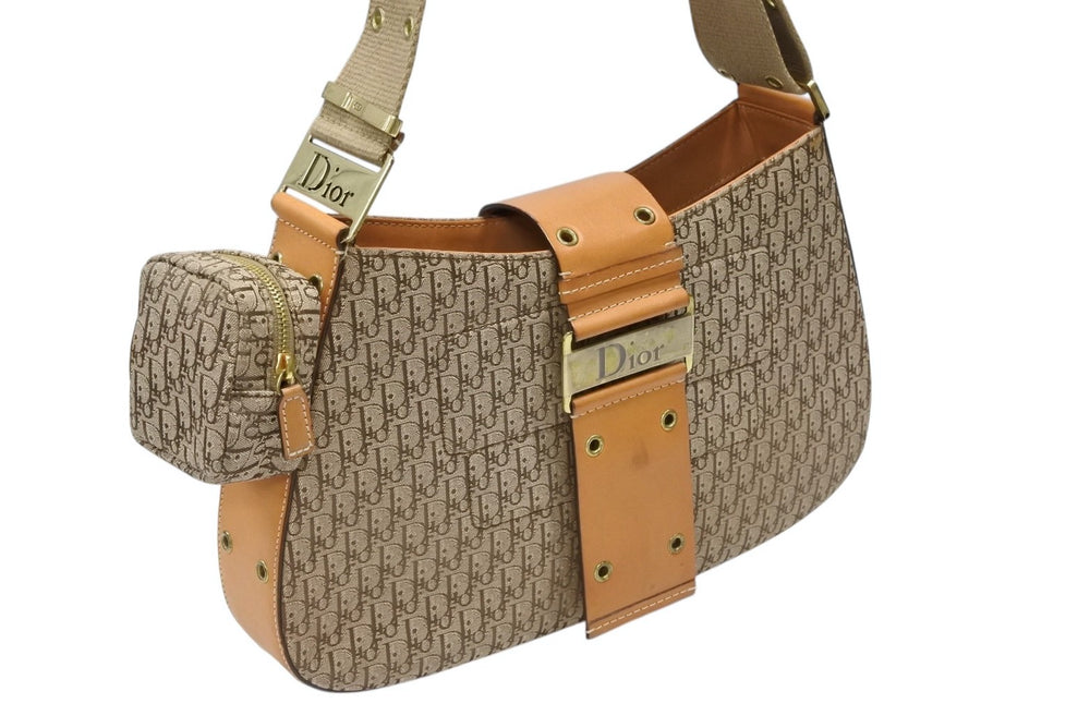 CHRISTIAN DIOR クリスチャンディオール ワンショルダーバッグ ストリートシック トロッターライン ベージュ ブラウン ゴールド金具 美品 中古 4b007744