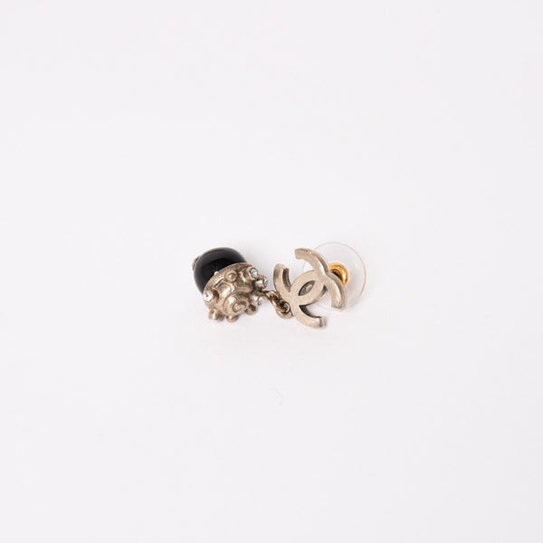 CHANEL Coco Mark Swing Ball Earrings 05C Engraved Coco Mark Resin Rhinestone Black Silver Weight 9.65g Good Condition Used 4c061154