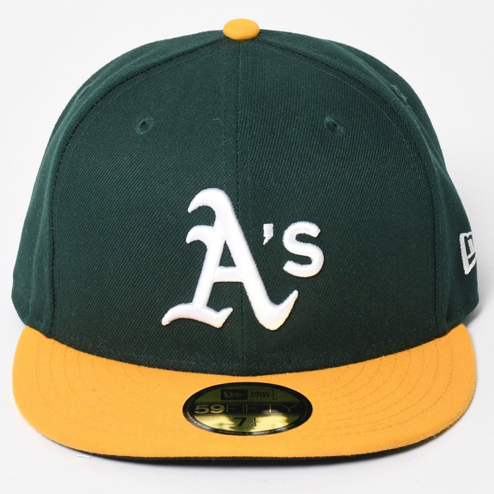 NEW ERA New Era A’s Cap Size 7 4/1 57.7cm Green Yellow MLB Onfield Oakland Athletics Good Condition Used 4a004492