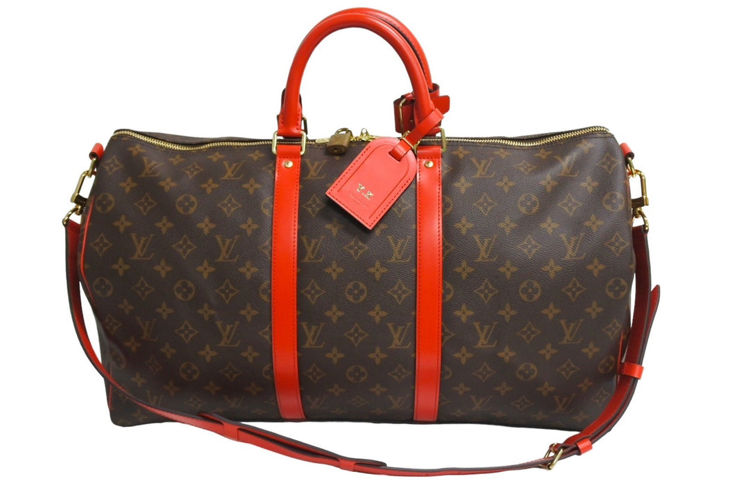 極美品 LOUIS VUITTON ルイヴィトン キーポルバンドリエール50 ボストンバッグ M44740 イニシャル入り ゴールド金具 ブラウン レッド 中古 4c067145