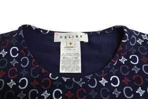 CELINE セリーヌ 半袖Tシャツ チビT マカダム柄 コットン スパンデックス ネイビー ホワイト レッド サイズS 美品 中古 4c067502