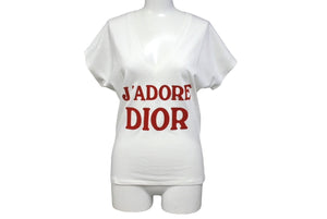 新品未使用 Christian Dior クリスチャンディオール J'ADORE VネックTシャツ 3H16155400 サイズ38 コットン ホワイト レッド 中古 4c067622