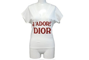 新品未使用 Christian Dior クリスチャンディオール J'ADORE VネックTシャツ 3H16155400 サイズ36 コットン ホワイト レッド 中古 4c067623