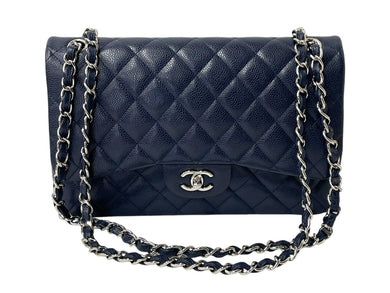 極美品 CHANEL シャネル チェーンショルダーバッグ キャビアスキン マトラッセ30 Wフラップ ネイビー シルバー金具 19番台 中古 4c067661