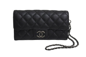 極美品 CHANEL シャネル マトラッセチェーンウォレット 長財布 キャビアスキン 21番台 ブラック 中古 4c067683