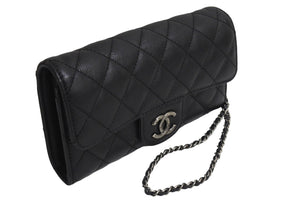 極美品 CHANEL シャネル マトラッセチェーンウォレット 長財布 キャビアスキン 21番台 ブラック 中古 4c067683