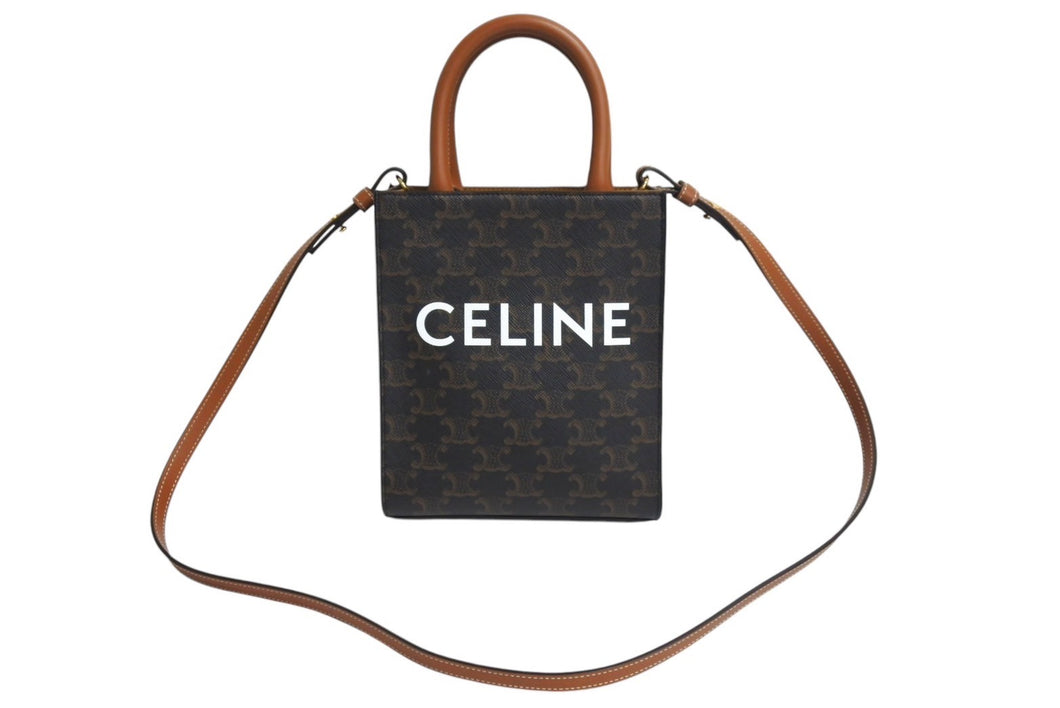 極美品 Celine セリーヌ トリオンフ ミニバーティカルカバ ブラウン PVC×レザー 194372BZK W-A1-2292 中古 4c067691