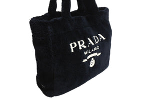 PRADA プラダ ファー ブラック レタリングロゴ トートバッグ 1BG130 美品 中古 4c067692