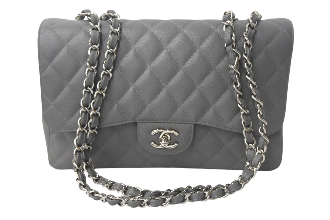 新品同様 CHANEL シャネル デカマトラッセ シングルフラップ ショルダーバッグ 13番台 キャビアスキン グレー シルバー金具 中古 4c067910