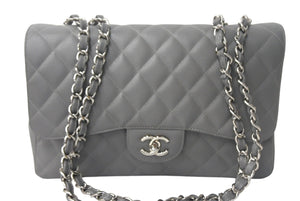 新品同様 CHANEL シャネル デカマトラッセ シングルフラップ ショルダーバッグ 13番台 キャビアスキン グレー シルバー金具 中古 4c067910