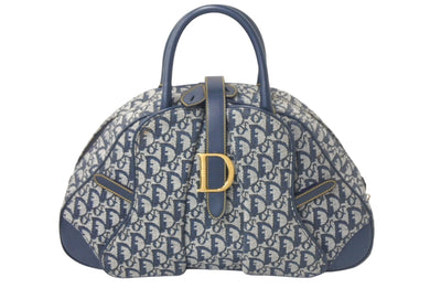 Christian Dior クリスチャンディオール ダブルサドルバッグ トロッター キャンバス レザー ネイビー ゴールド金具 美品 中古 4c067949