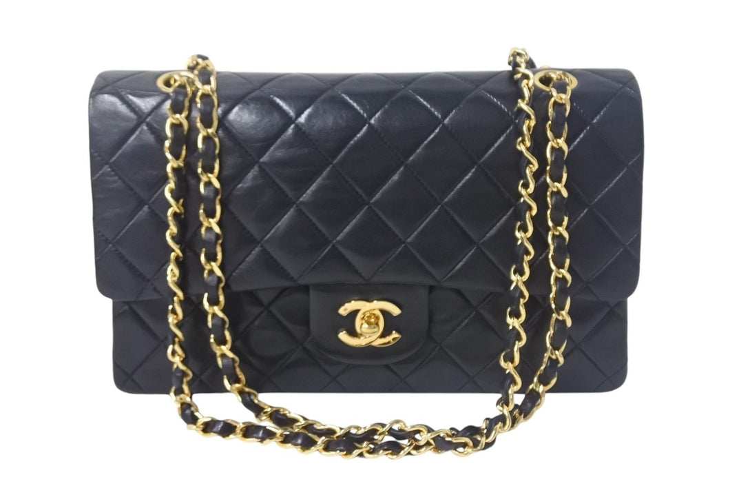 CHANEL シャネル Wフラップ マトラッセ25 チェーンショルダーバッグ ラムスキン 1番台 ブラック ゴールド金具 美品 中古 4c068011