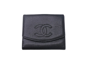 CHANEL シャネル 二つ折り財布 コンパクトウォレット ココマーク 8番台 フランス製 キャビアスキン ブラック ゴールド 美品 中古 4c068039