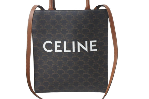 CELINE セリーヌ バーティカルカバ ハンドバッグ 2WAY ブラウン キャンバス カーフスキン トリオンフ 美品 中古 4c068306